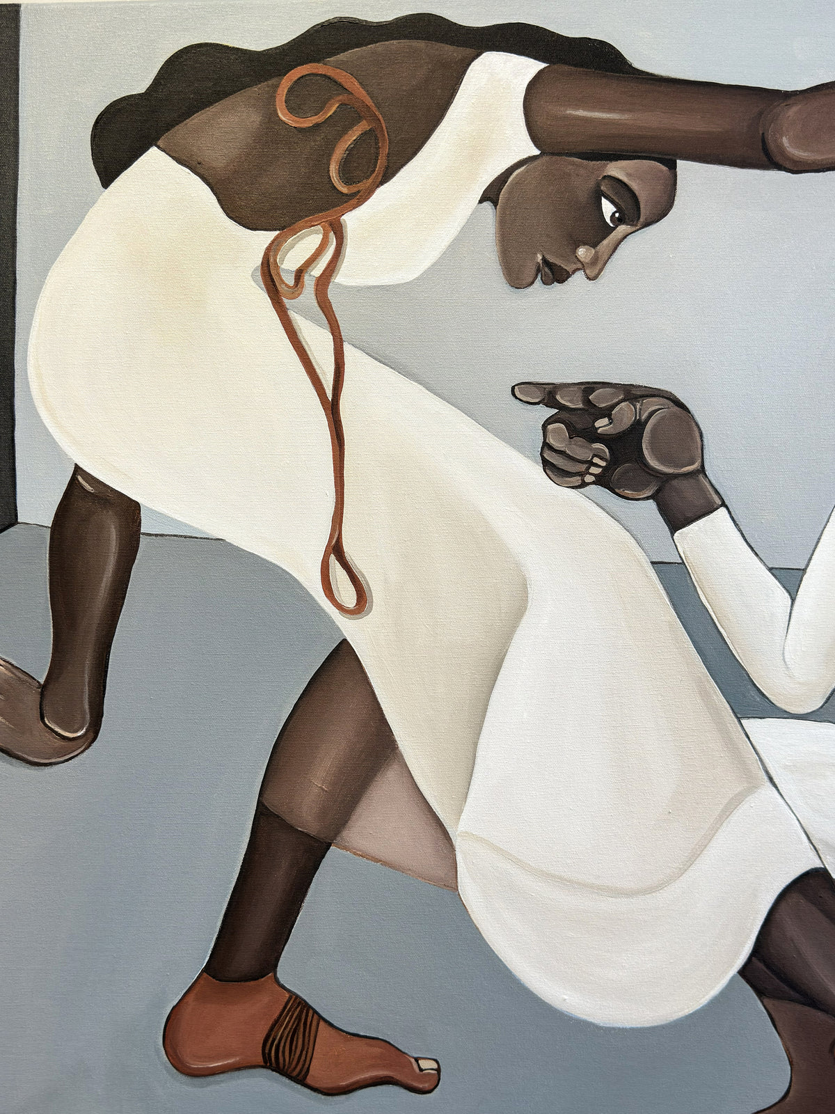 Noemi Safir’s original painting shows elongated female figures with expressive hands, exaggerated postures and an orange cord tangled around their feet.