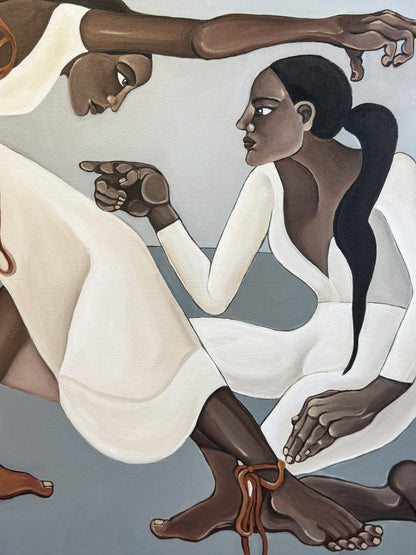Contemporary figurative artwork by Noemi Safir explores people pleasing and emotional anticipation through two women adjusting themselves around each other.