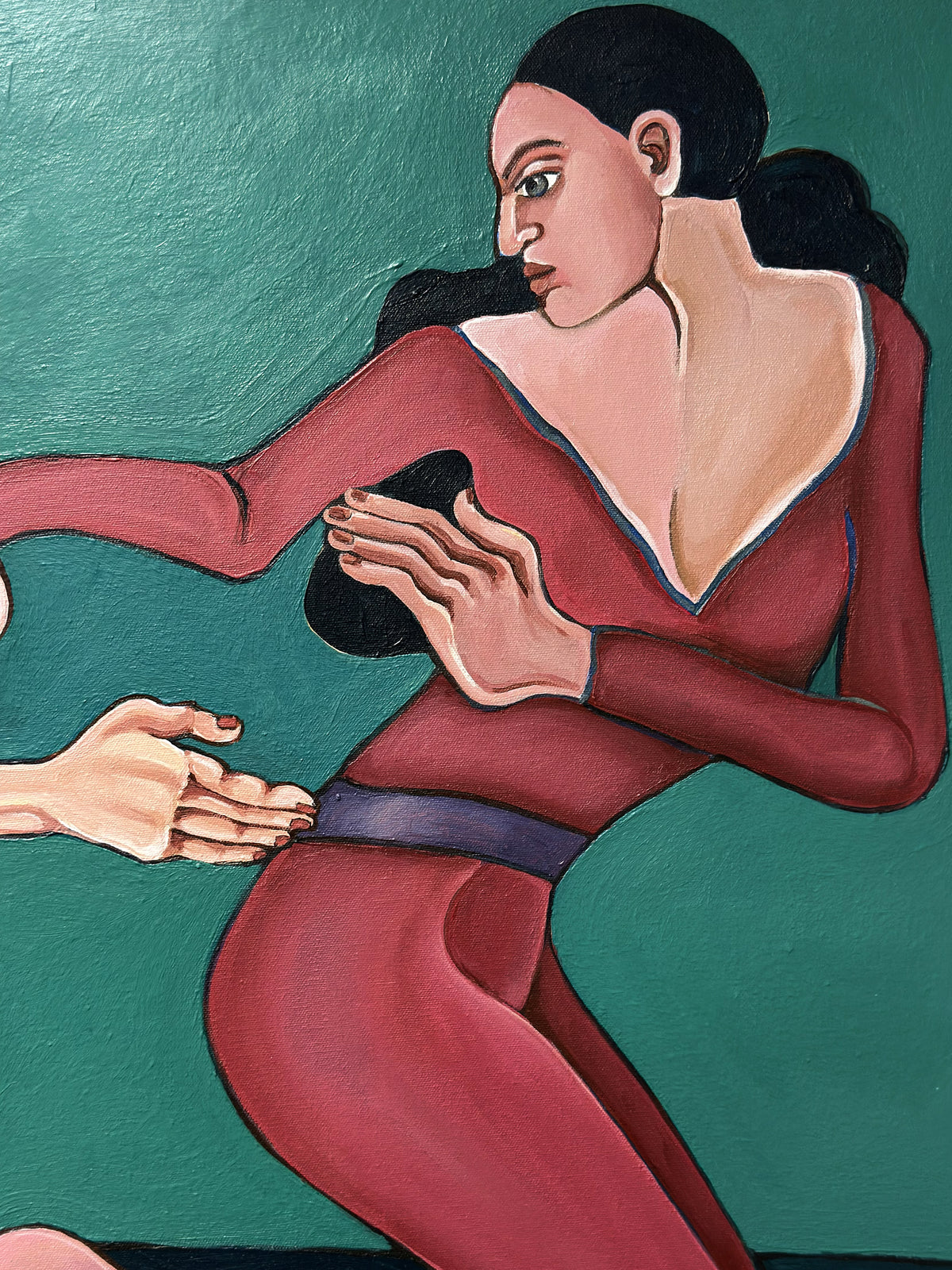 Detail of Velvet Tension by Noemi Safir, featuring an elongated female figure reaching forward in a moment of vulnerability, desire and emotional exposure.