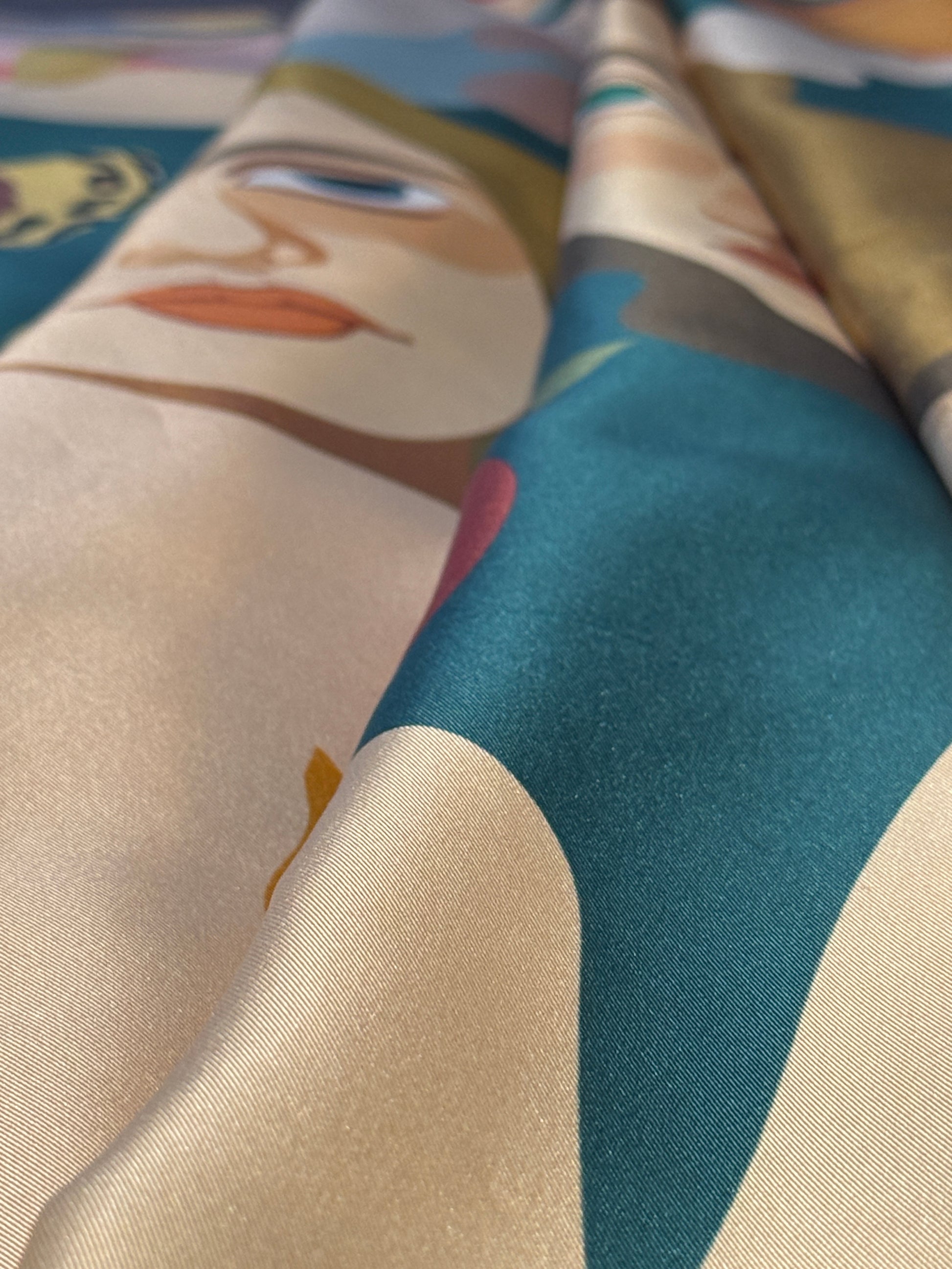 NOE MI Two of a Kind silk twill scarf, artistic square scarf with surreal storytelling, feminine figures, candle, serpent, and symbolic eyes.