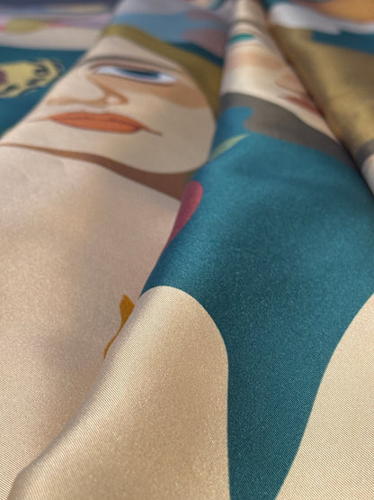NOE MI Two of a Kind silk twill scarf, artistic square scarf with surreal storytelling, feminine figures, candle, serpent, and symbolic eyes.