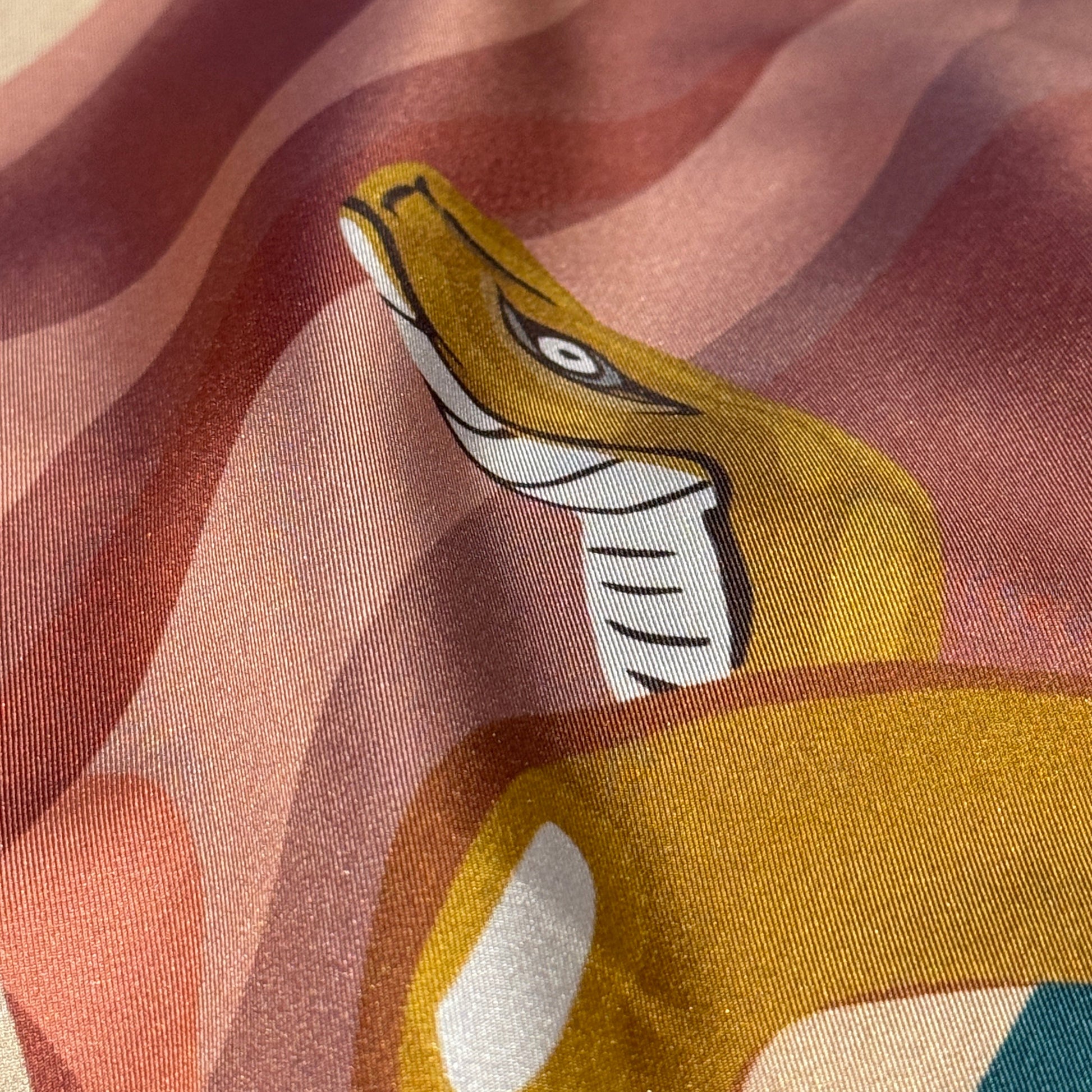 NOE MI Two of a Kind square silk scarf, luxury accessory with surreal feminine duo, apple, candle, and symbolic storytelling elements.