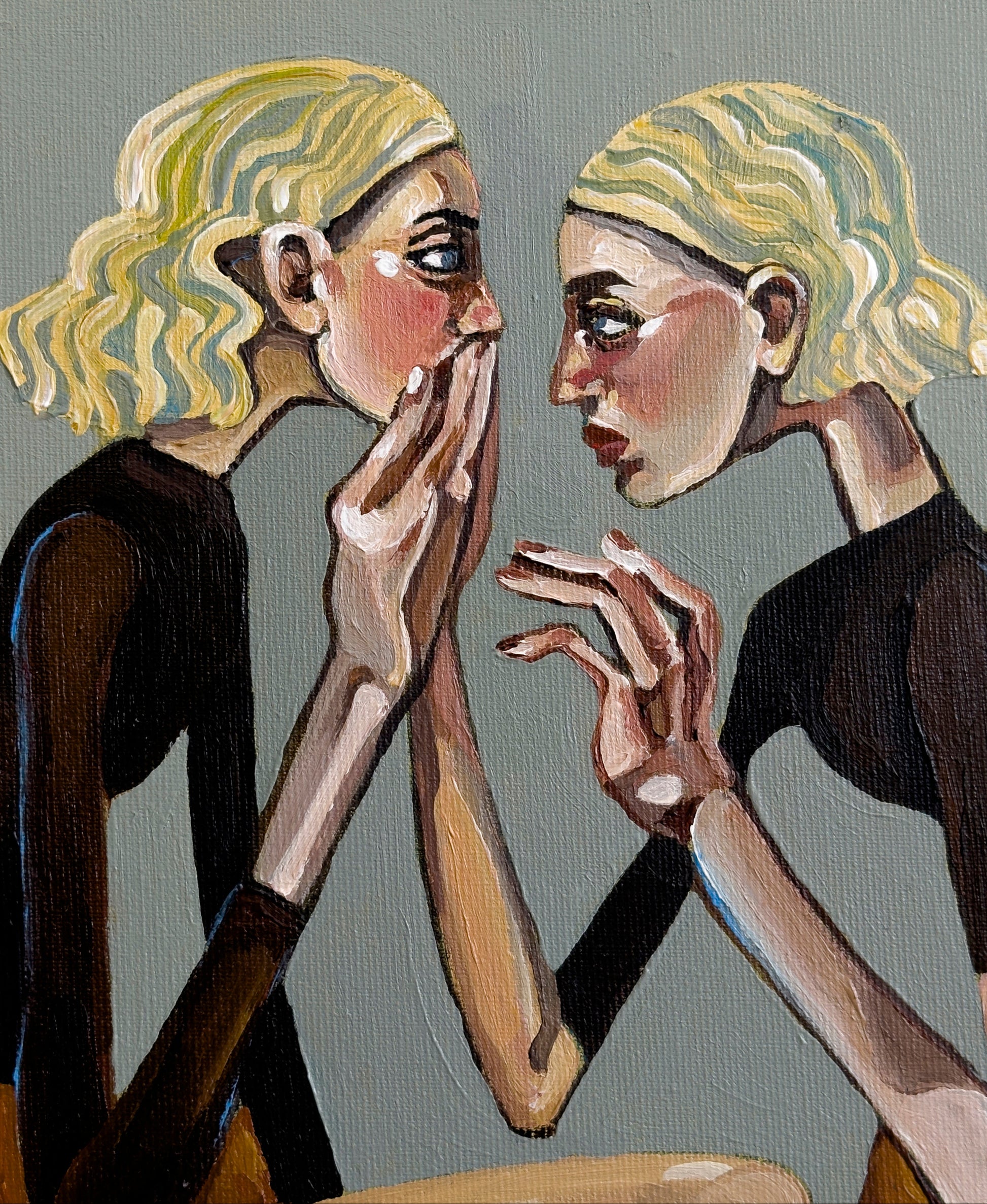 Noemi Safir contemporary figurative painting Pleasing Again, showing elongated female figures, mirrored posture, covered mouth, and symbolic body language about people pleasing.