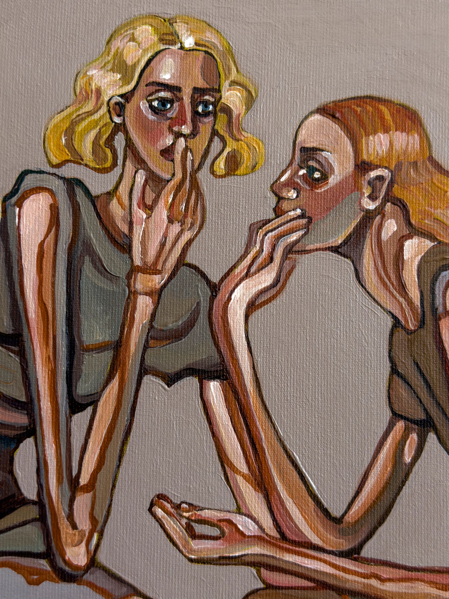 Until I Became Thin by Noemi Safir, original painting from the series Drama Looks Good on Us, featuring two women in a charged moment of listening, dependency, and emotional exhaustion.