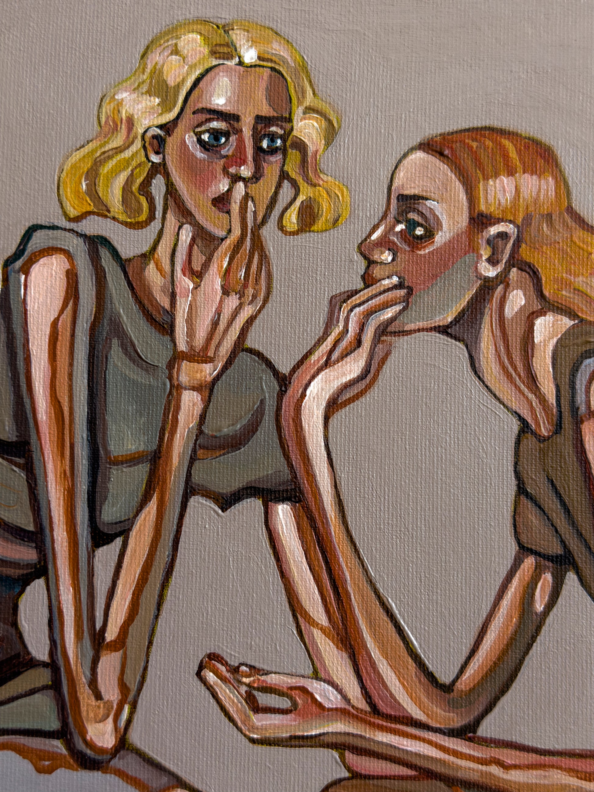 Until I Became Thin by Noemi Safir, original painting from the series Drama Looks Good on Us, featuring two women in a charged moment of listening, dependency, and emotional exhaustion.