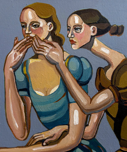 The Words That Never Come Out by Noemi Safir, original painting from the series Drama Looks Good on Us, featuring two women in a charged moment of intimacy, silence, and emotional control.