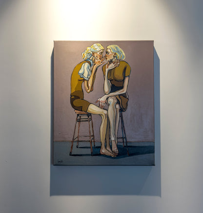 Noemi Safir women painting Layers That Left Their Mark, exploring how a relationship continues to live inside the body through memory, silence, contraction, and emotional residue.