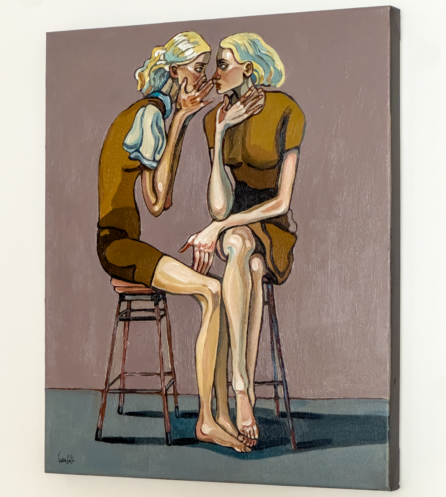 Layers That Left Their Mark by Noemi Safir, original painting from the series Drama Looks Good on Us, featuring two women in a charged moment of intimacy, listening, and emotional imprint.