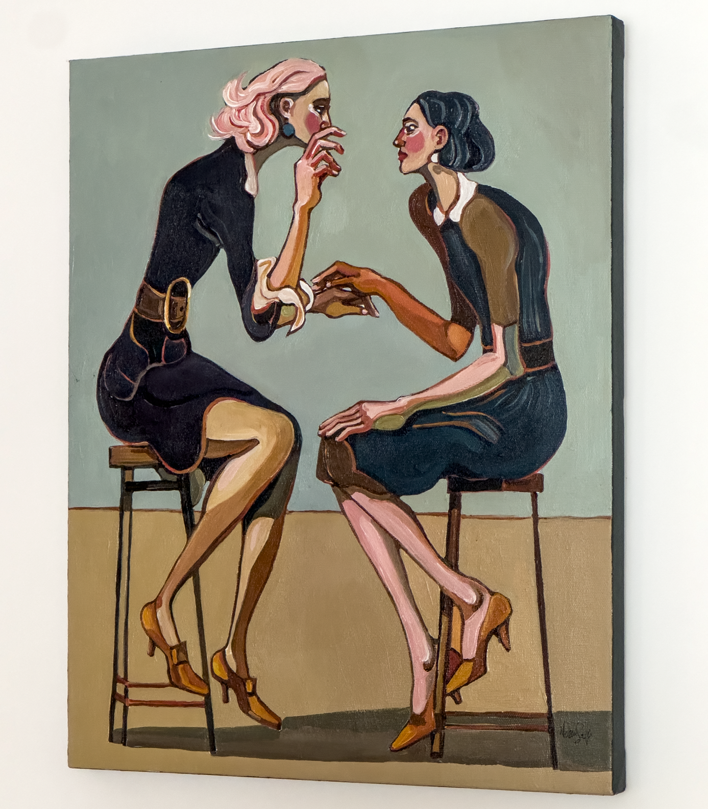 Noemi Safir contemporary figurative painting Staying Without Being Swallowed, showing elongated female figures, elegant posture, restrained touch, and symbolic body language about emotional boundaries.