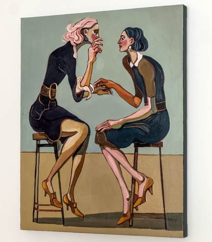 Noemi Safir contemporary figurative painting Staying Without Being Swallowed, showing elongated female figures, elegant posture, restrained touch, and symbolic body language about emotional boundaries.