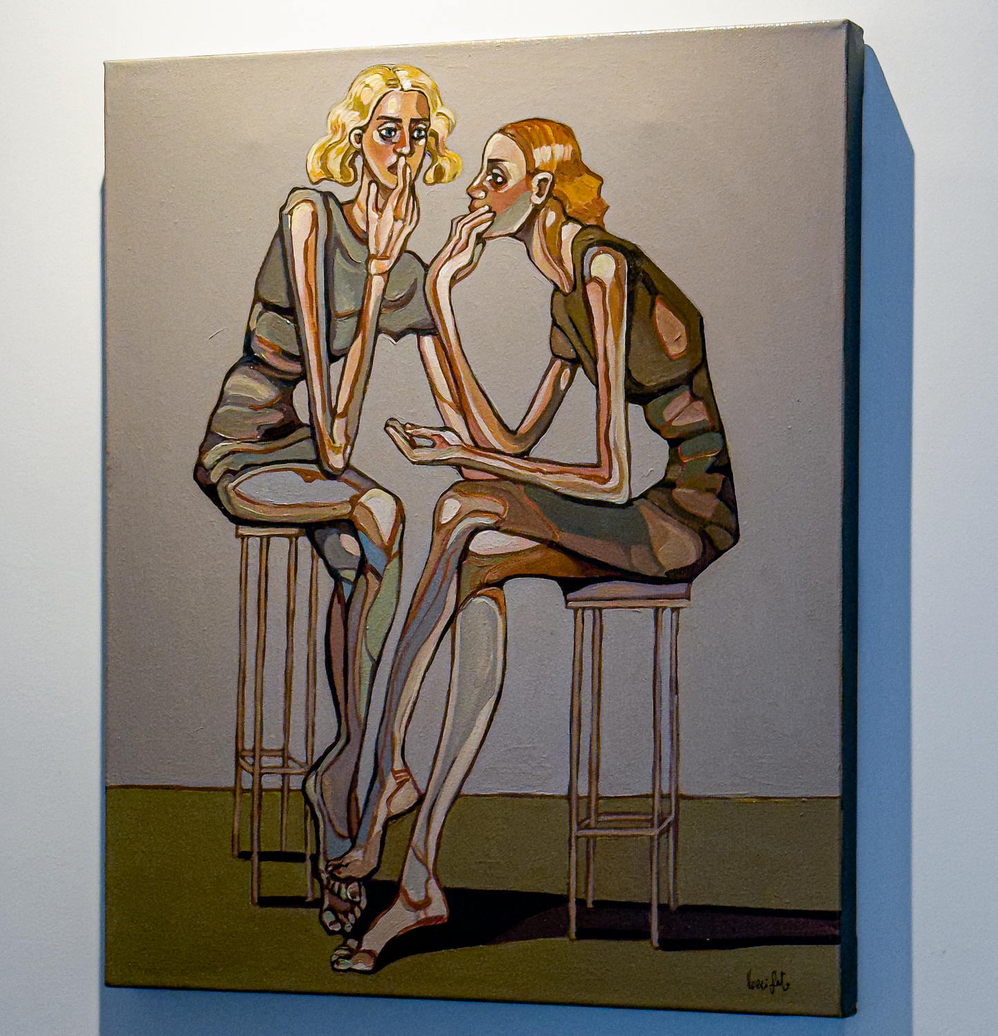 Noemi Safir contemporary figurative painting Until I Became Thin, showing elongated female figures, fragile body language, and symbolic storytelling about being slowly consumed by closeness.
