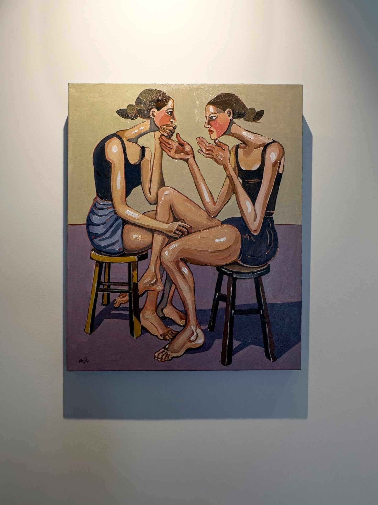 Noemi Safir contemporary figurative painting No Air Left, showing elongated female figures, intertwined legs, covered mouth, and symbolic body language about love and pressure.