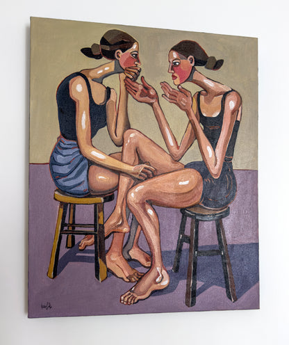 No Air Left original artwork by Noemi Safir, a highly collectible painting about feminine intimacy, emotional dependency, psychological pressure, and the need for breathing space.