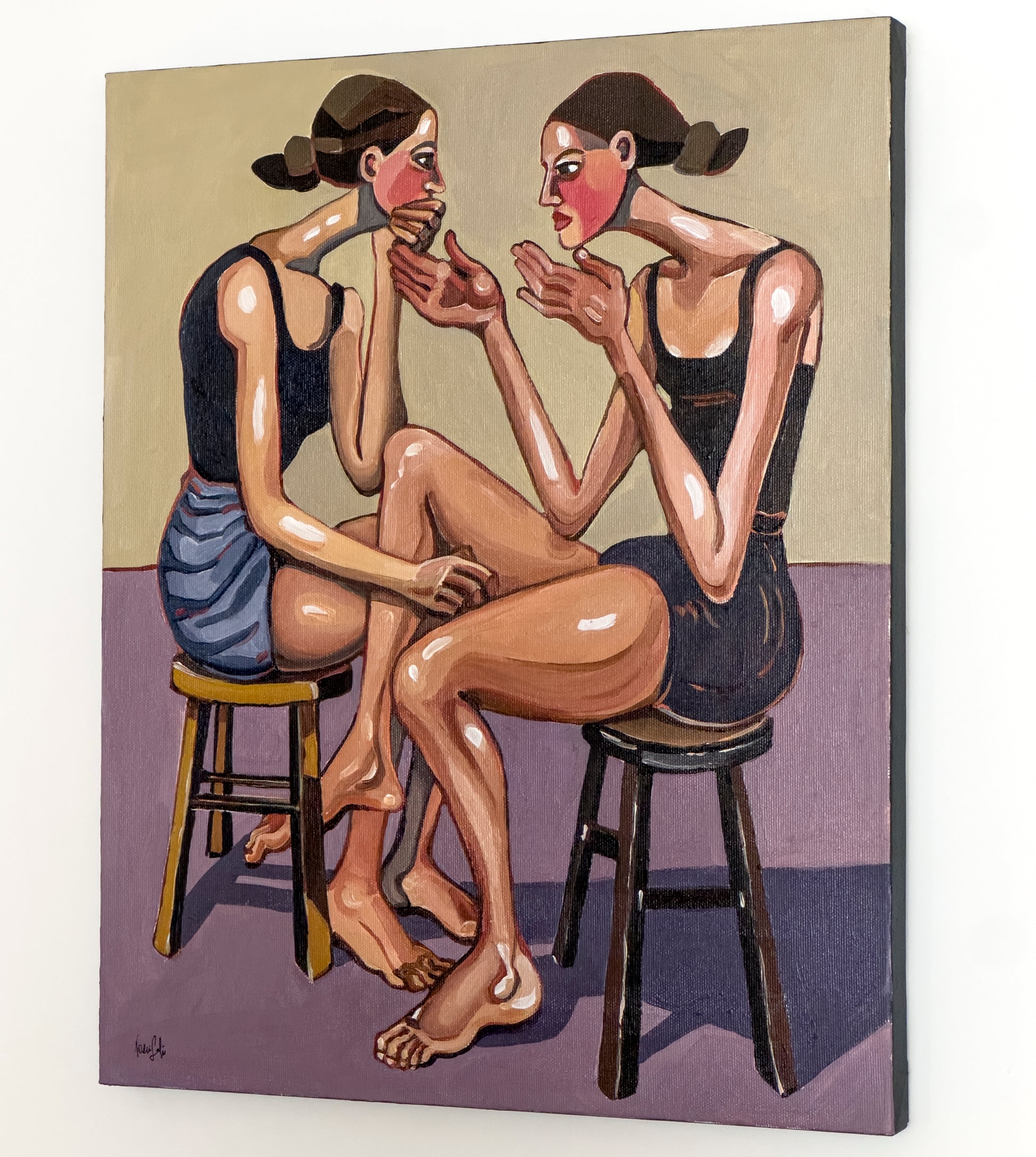No Air Left by Noemi Safir, original painting from the series Drama Looks Good on Us, featuring two women in a charged moment of closeness, pressure, and emotional dependency.