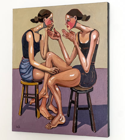 No Air Left by Noemi Safir, original painting from the series Drama Looks Good on Us, featuring two women in a charged moment of closeness, pressure, and emotional dependency.