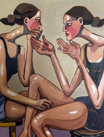 Noemi Safir women painting No Air Left, exploring a closeness that becomes too dense, too intimate, and almost impossible to move inside without breaking something.