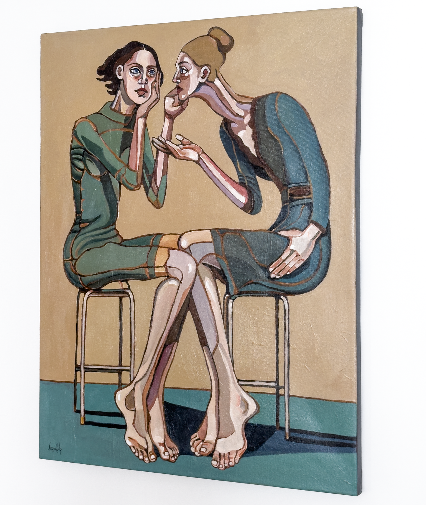Noemi Safir contemporary figurative painting How Right Do I Have to Be, showing elongated female figures, crossed legs, open hand gesture, and symbolic body language about tension and insistence.