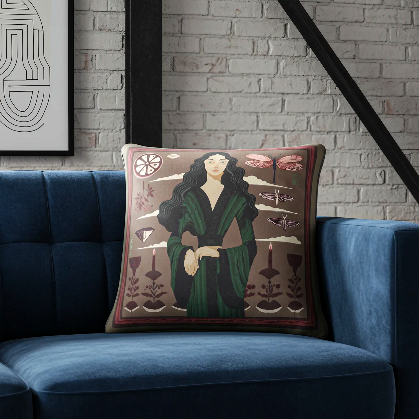 NOE MI modern gothic cushion with detailed illustration and soft velvet or twill texture