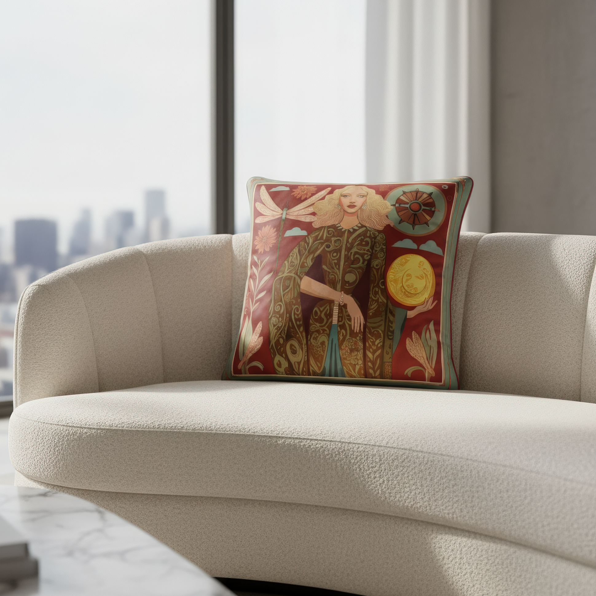 terracotta and gold luxurious velvet cushion, printed with the Lunar Empress artwork with celestial goddess, dragonflies and a yellow moon, premium home décor for high end collectors by NOE M