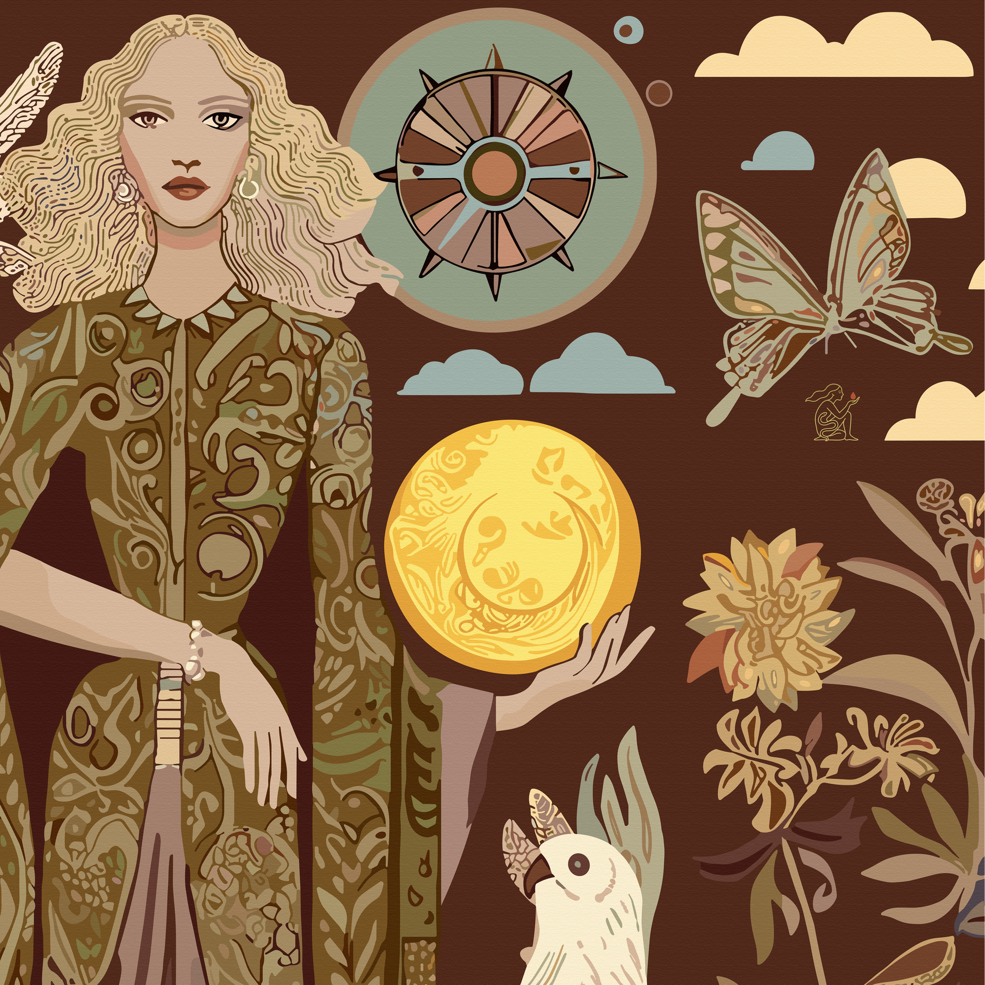 An exciting  wallart for for your space.  A mystical storytelling artwork with a moon goddess, lush florals, and earthy brown tones,  by NOE MI.
