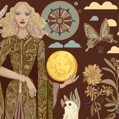 An exciting  wallart for for your space.  A mystical storytelling artwork with a moon goddess, lush florals, and earthy brown tones,  by NOE MI.