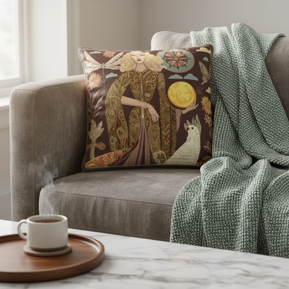 Decorative pillow showcasing "Lunar Empress and the White Parrot" in a surreal, richly patterned scene, ideal for collectors of narrative-driven interior art.