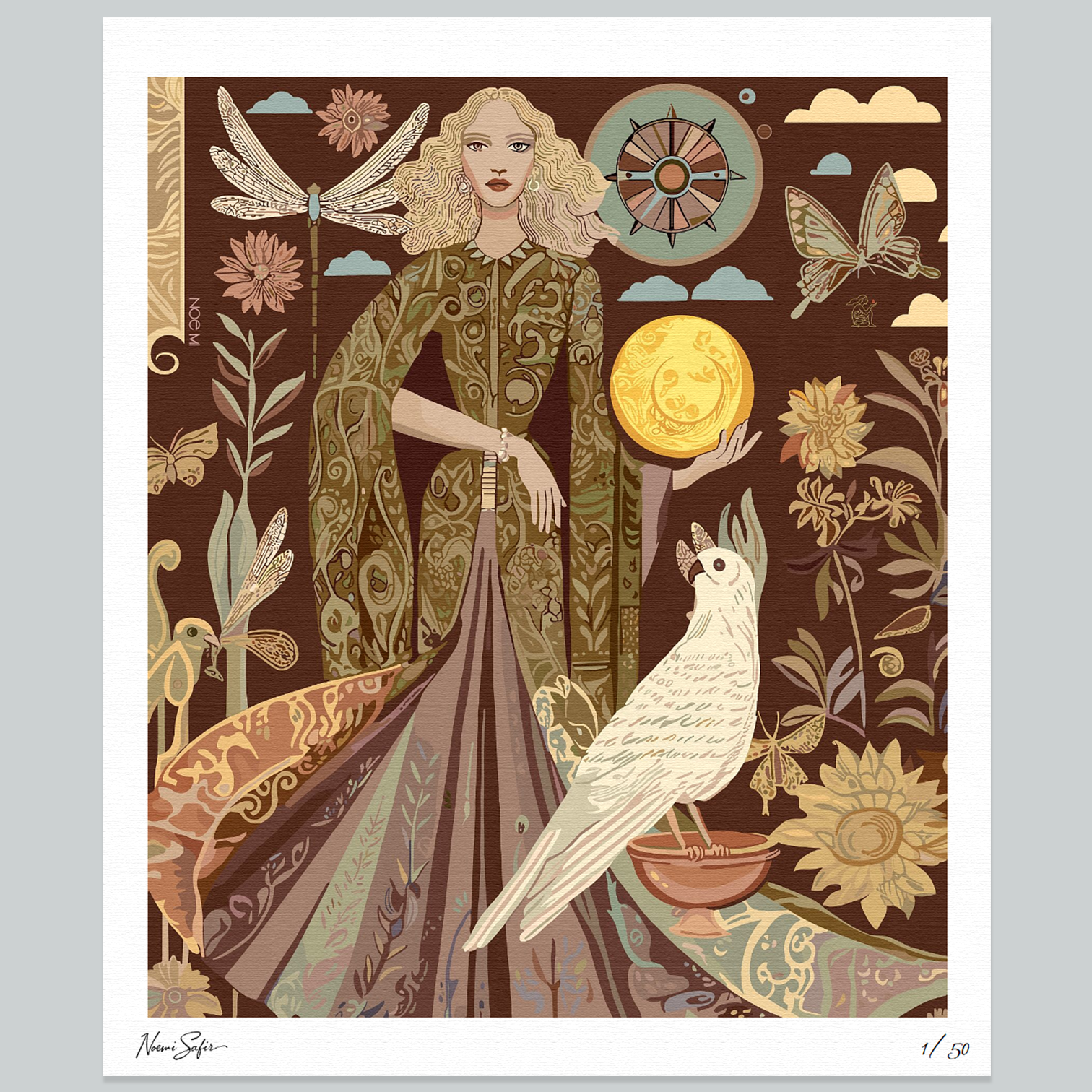 Surreal art print of mystical woman holding a golden moon beside a white parrot, in a richly detailed composition with botanical and celestial symbols, perfect wall art for  spiritual seekers and art collectors, by NOE MI