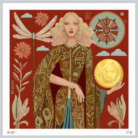 NOE MI Lunar Empress fine art print on archival paper, feminine figure holding golden moon with dragonflies and flowers, surreal terracotta artwork for collectors worldwide.