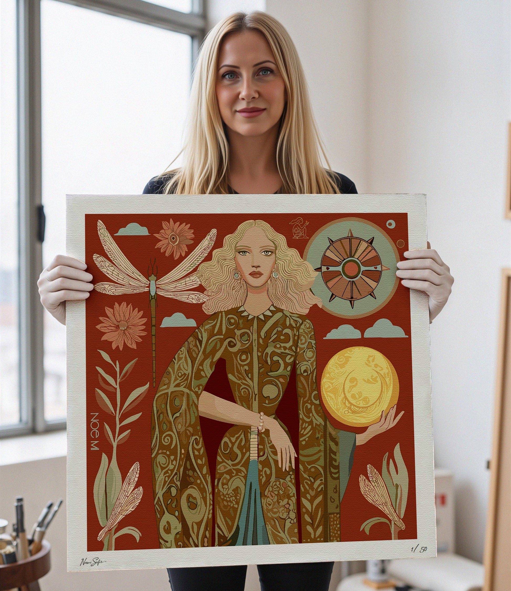 NOE MI limited edition Lunar Empress wall art, museum-quality print in terracotta and gold, surreal feminine portrait with celestial symbols, collectible artwork.