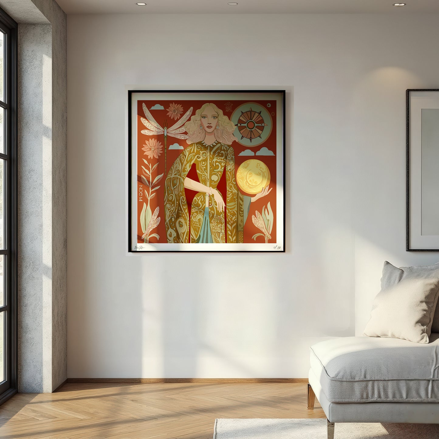 Lunar Empress art print by NOE MI, limited edition archival paper, contemporary symbolic artwork with celestial goddess, dragonflies, and moon motif.