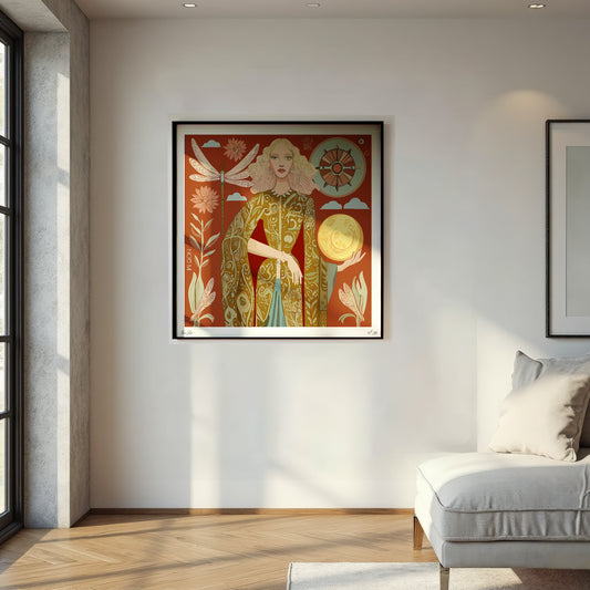 Lunar Empress art print by NOE MI, limited edition archival paper, contemporary symbolic artwork with celestial goddess, dragonflies, and moon motif.