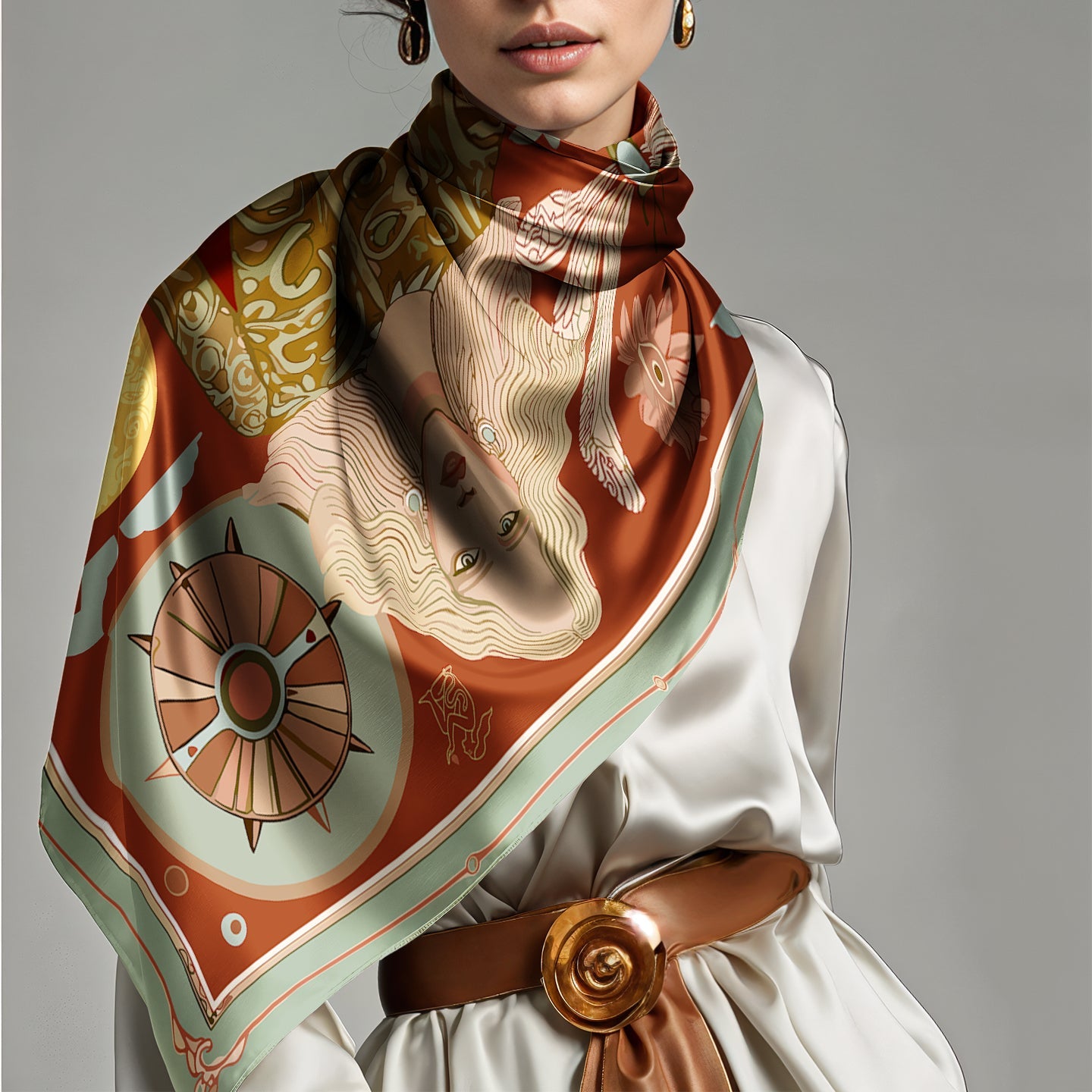 Luxury designer scarf by NOE MI, 100% silk with Lunar Empress celestial artwork, hand-finished edges, terracotta and gold palette, global fashion statement piece.