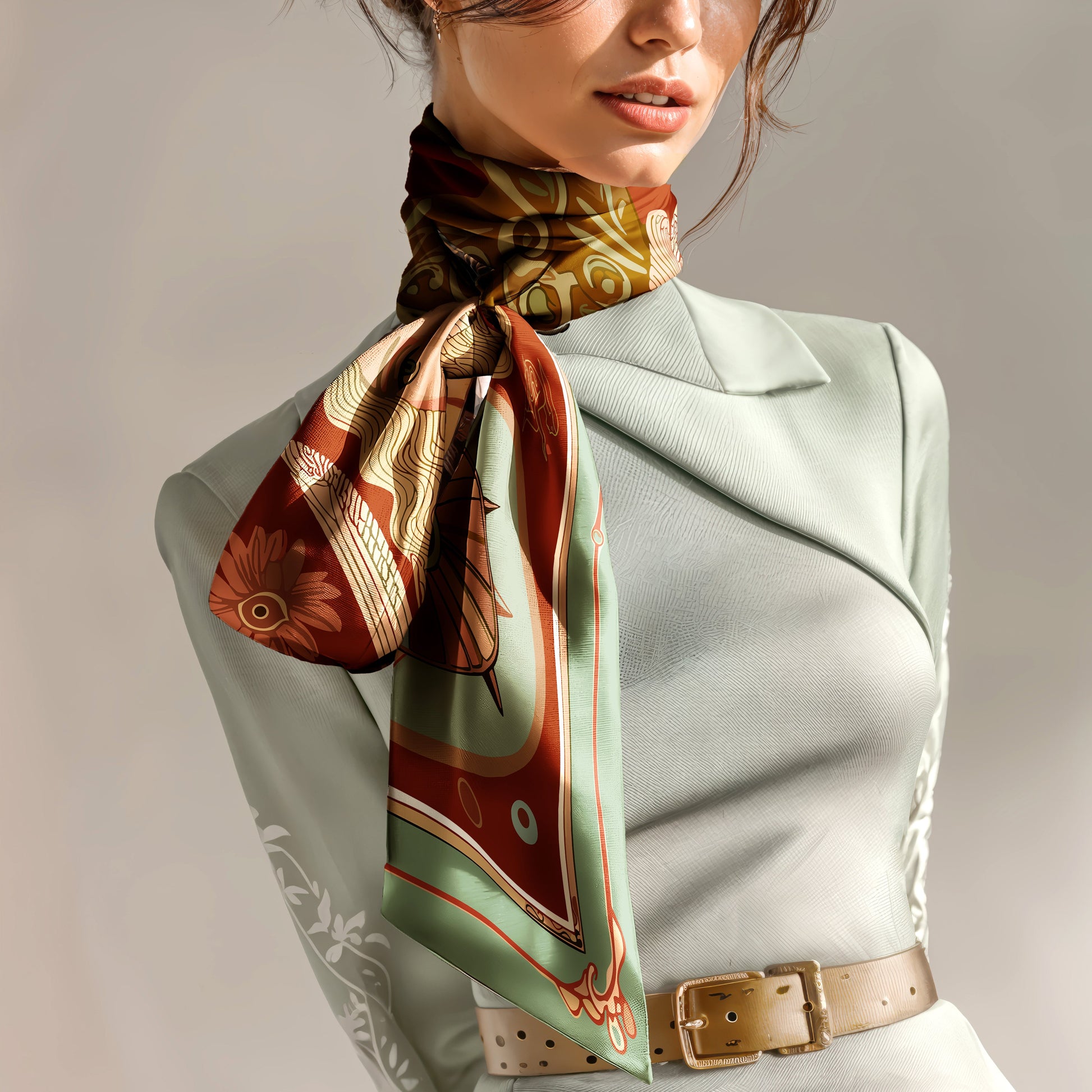 NOE MI artistic luxury silk scarf in rich green, bronze, and golden hues with celestial theme inspired by moon and nature