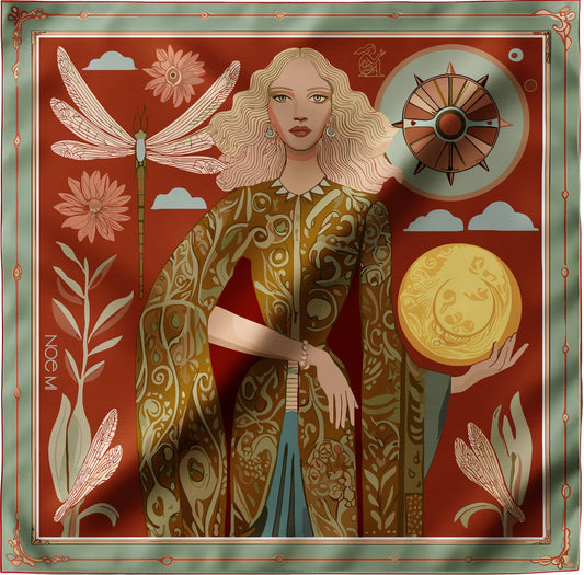 Decorative NOME MI silk twill scarf with a stylized illustration of a woman, dragonfly, and celestial elements on a red background.