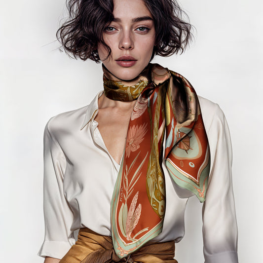 Luxury designer scarf by NOE MI, 100% silk twill with Lunar Empress celestial artwork, hand-finished edges, terracotta and gold palette, global fashion statement piece.