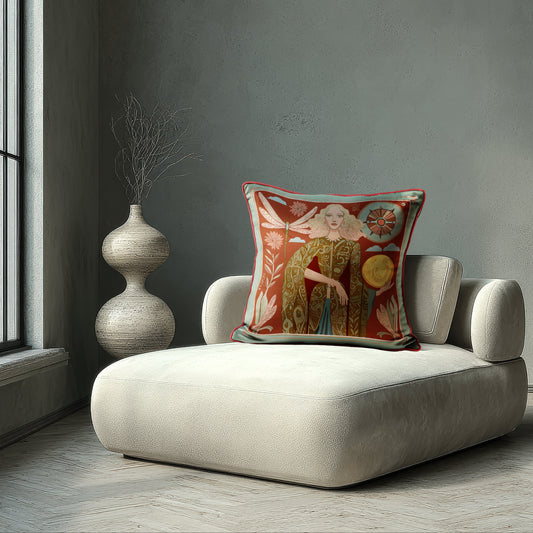 Designer velvet pillow by NOE MI, showcasing Lunar Empress artwork in terracotta and gold tones with ivory highlights, celestial moon and floral accents, luxury home accessory for worldwide design lovers.
