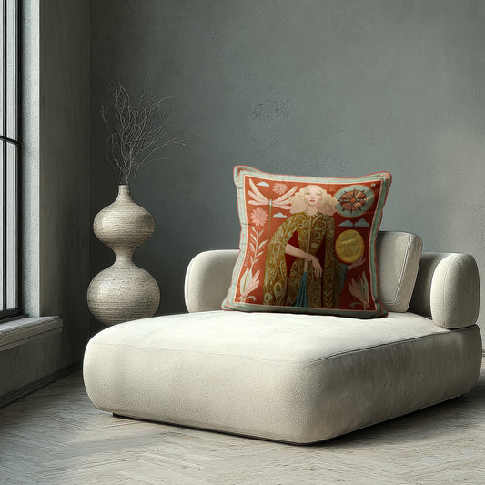 Designer velvet pillow by NOE MI, showcasing Lunar Empress artwork in terracotta and gold tones with ivory highlights, celestial moon and floral accents, luxury home accessory for worldwide design lovers.