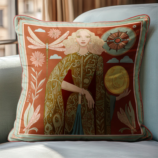 NOE MI luxury velvet cushion in terracotta and gold, featuring the Lunar Empress artwork with celestial goddess, dragonflies, and moon, premium home décor for global collectors.