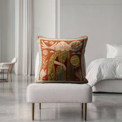 High-end decorative cushion by NOE MI, crafted in soft velvet with full-edge piping, Lunar Empress design in terracotta, gold, and ivory, elegant décor piece for international spaces.