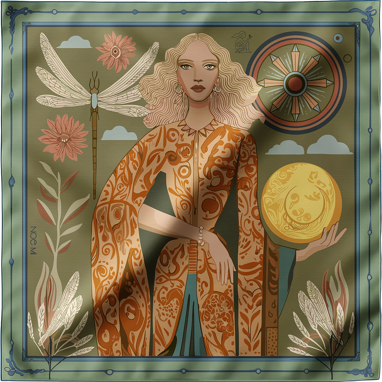 NOE MI designer silk scarf for women featuring soft green palette and golden orb illustration in silk twill fabric