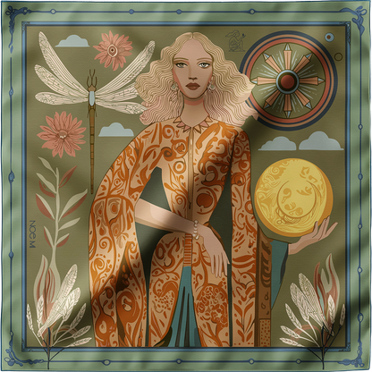 NOE MI designer silk scarf for women featuring soft green palette and golden orb illustration in silk twill fabric