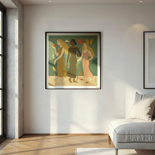 Framed  Limited Edition NOE MI wall art print of three women in a modern living room.
