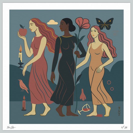 A Limited Edition NOE MI wall art print feachers Three women in different colored dresses walking together with various objects around them on a blue background.