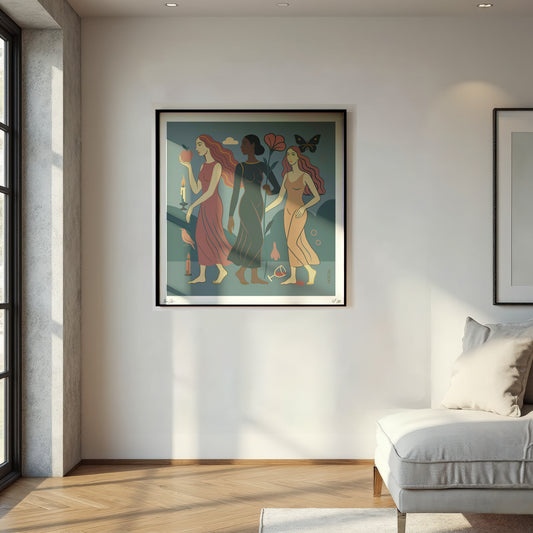 Framed Limited Edition NOE MI wall art print of three women in a modern living room with a sofa and large window.