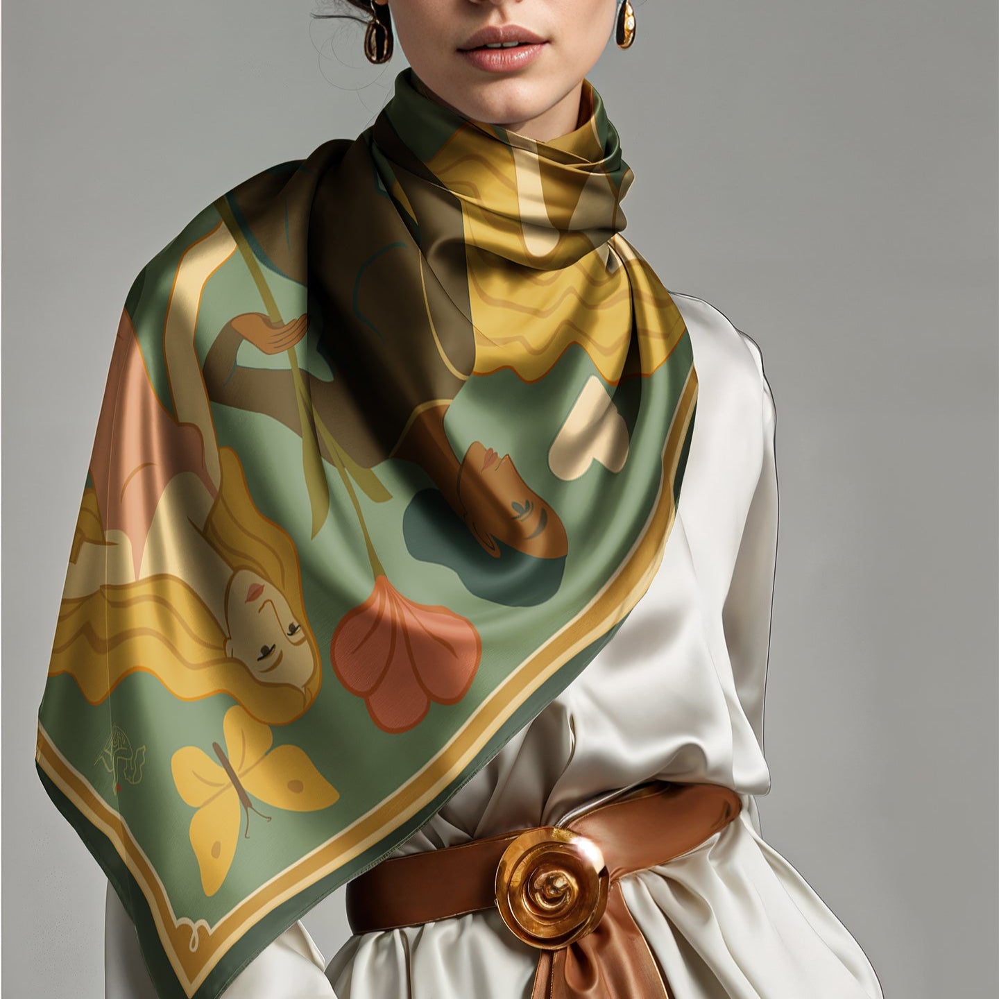 Woman wearing a luxury artistic printed silk twill scarf by NOE MI