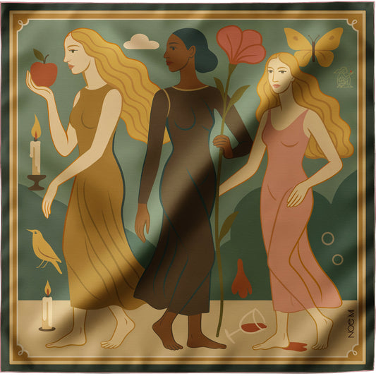 Artistic NOE MI silk twill scarf of three women holding symbolic objects against a stylized background
