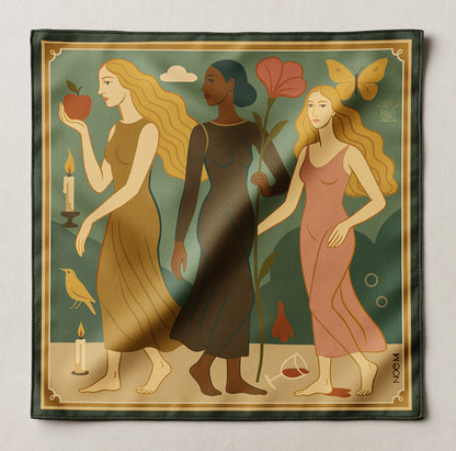Decorative square luxury art silk twill scarf with three illustrated women holding symbolic items on a green background