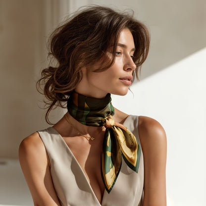 luxurious silk twill scarf with illustrated women figures in nature in green, brown. yellow and pink, designed by NOE MI