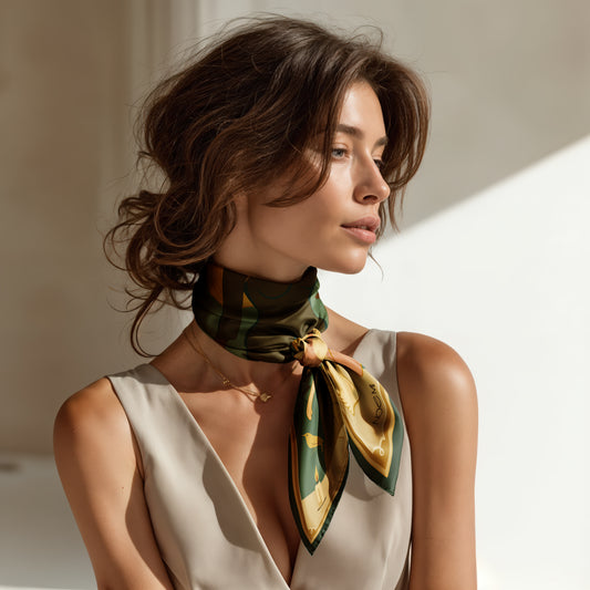 luxurious silk twill scarf with illustrated women figures in nature in green, brown. yellow and pink, designed by NOE MI