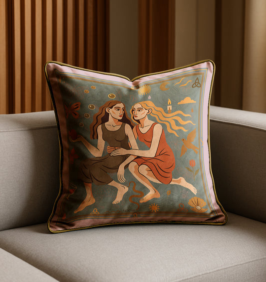 Decorative square art velvet pillow/cushion  with artistic design of two figures on a couch.